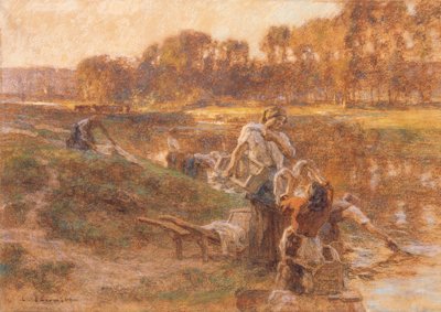 Washerwomen in Sunlit River Landscape by Leon Augustin Lhermitte